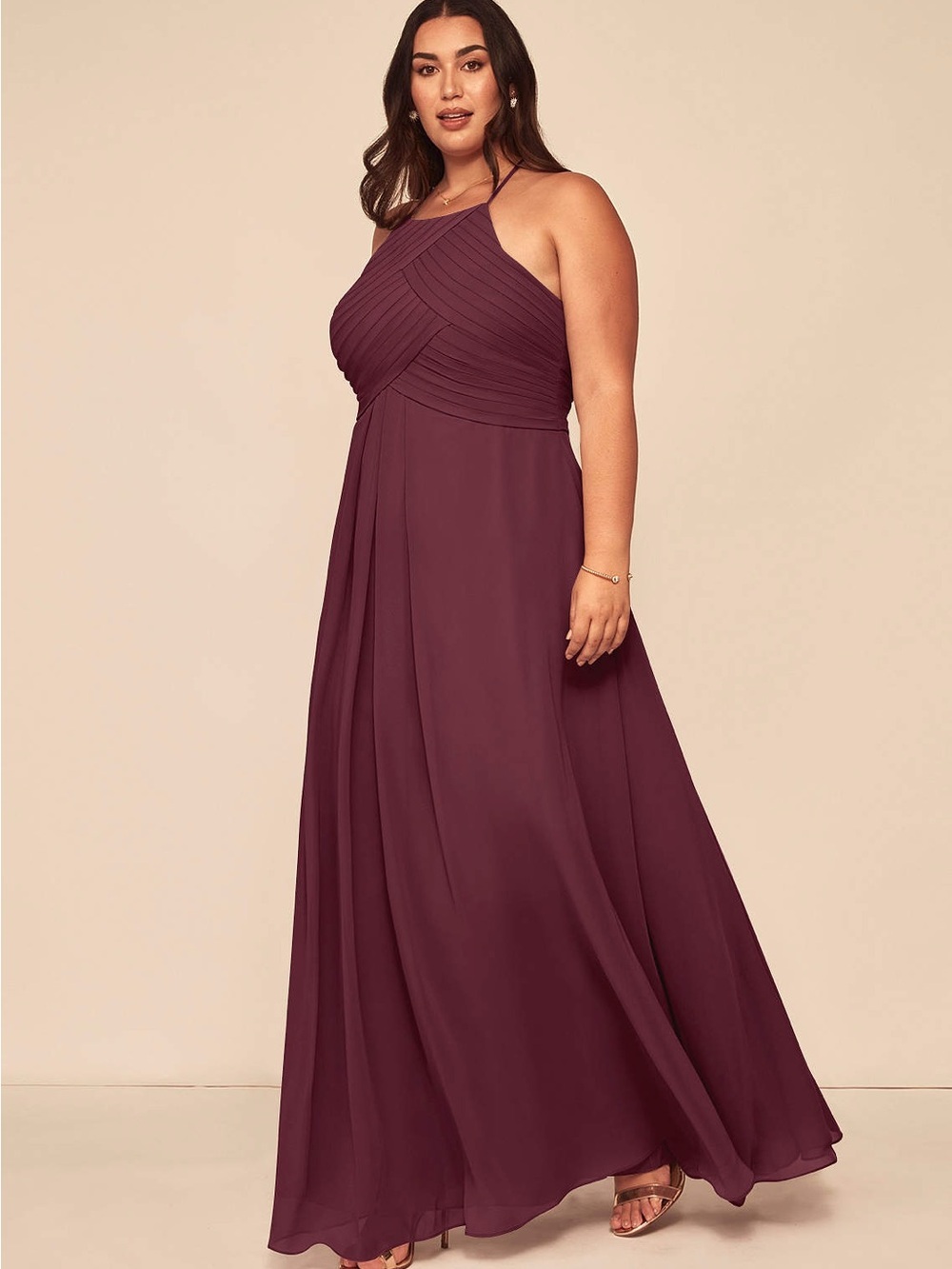 Azazie Burgundy Halter Chiffon Maxi Dress - AZ6920157